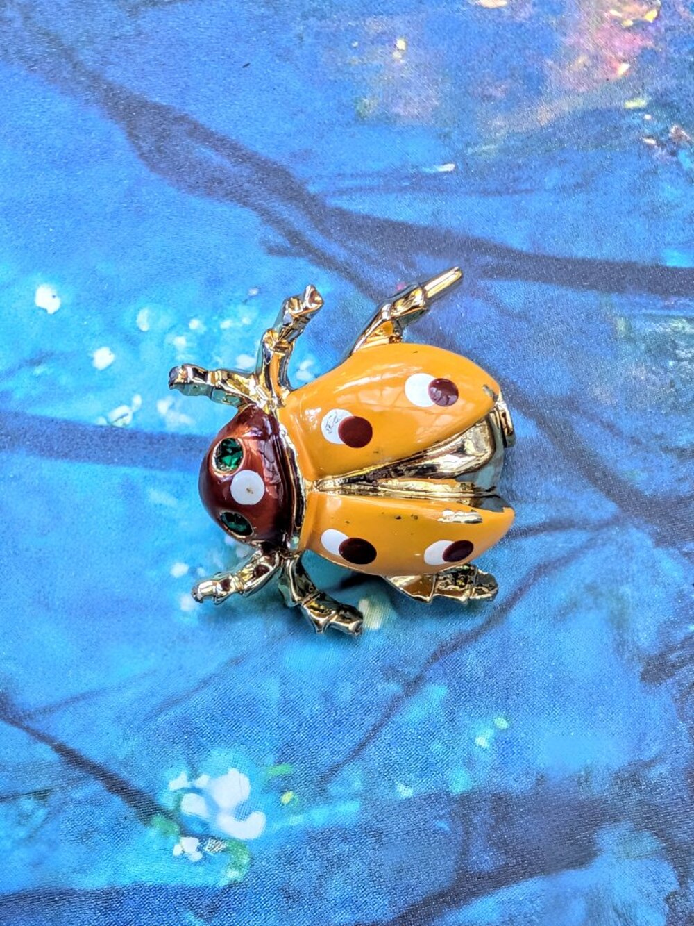 Vintage Ladybug Enamel Collar Cluster Brooch with Rhinestone Eyes